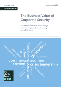 White paper cover with title "The Business Value of Corporate Security" and word cloud on blue background