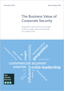 White cover with title "The Business Value of Corporate Security" and blue section with word cloud including "crisis leadership" and "corporate reputation"