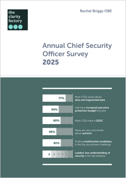 Annual Chief Security Officer Survey 2025 report cover with teal and white bar chart design