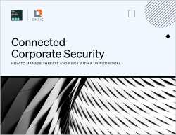 Abstract black and white striped architectural pattern with "Connected Corporate Security" text overlay